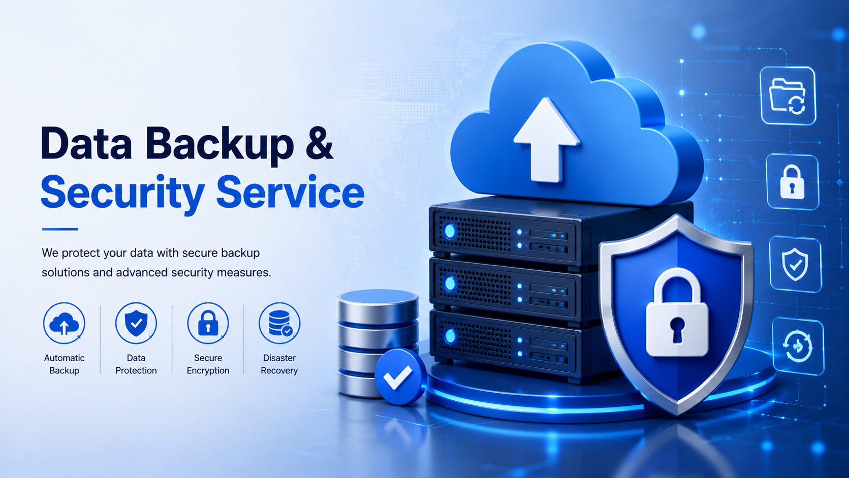 Data backup and security service visual with cloud backup and shield protection